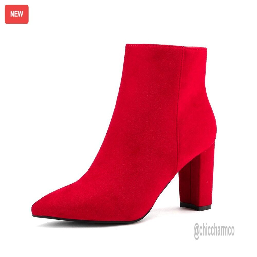 Chunky Heel Ankle Booties Pointed Toe Faux Fur Lined Zipper Closure